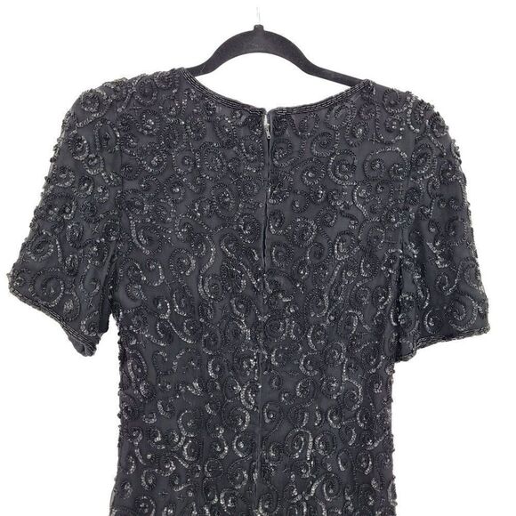 Vintage 80's Niteline Dress Silk Formal Black Swirl Sequin Beaded Short Sleeve 4 - Picture 8 of 11